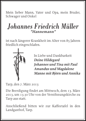 Traueranzeige von Johannes Friedrich Müller von Flensburger Tageblatt