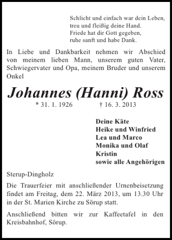 Traueranzeige von Johannes Hanni Ross von Flensburger Tageblatt