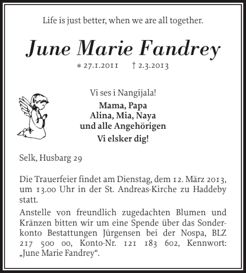  Traueranzeige für June Marie Fandrey vom 09.03.2013 aus Schleswiger Nachrichten