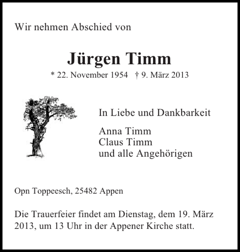  Traueranzeige für Jürgen Timm vom 13.03.2013 aus Pinneberger Tageblatt