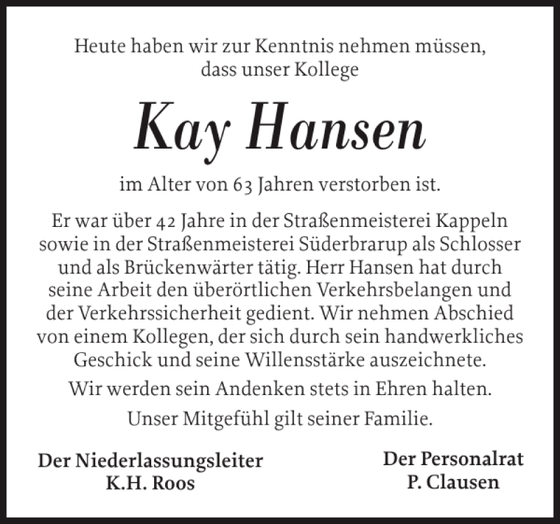  Traueranzeige für Kay Hansen vom 19.03.2013 aus Flensburger Tageblatt