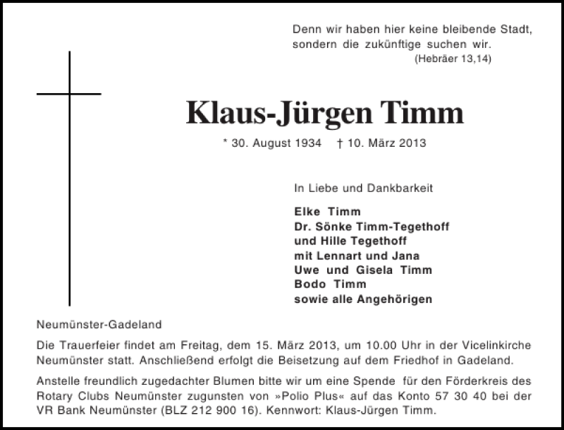  Traueranzeige für Klaus-Jürgen Timm vom 13.03.2013 aus Holsteinischer Courier