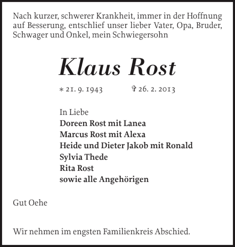  Traueranzeige für Klaus Rost vom 02.03.2013 aus Schlei-Bote
