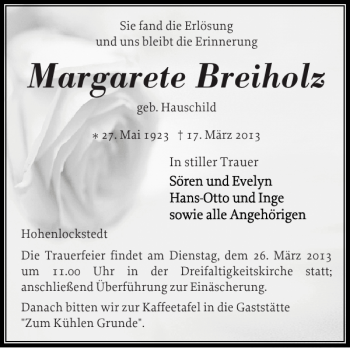 Traueranzeige von Margarete Breiholz von Norddeutsche Rundschau