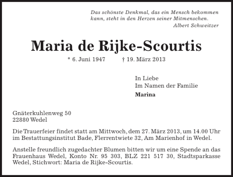  Traueranzeige für Maria de Rijke-Scourtis vom 23.03.2013 aus Pinneberger Tageblatt