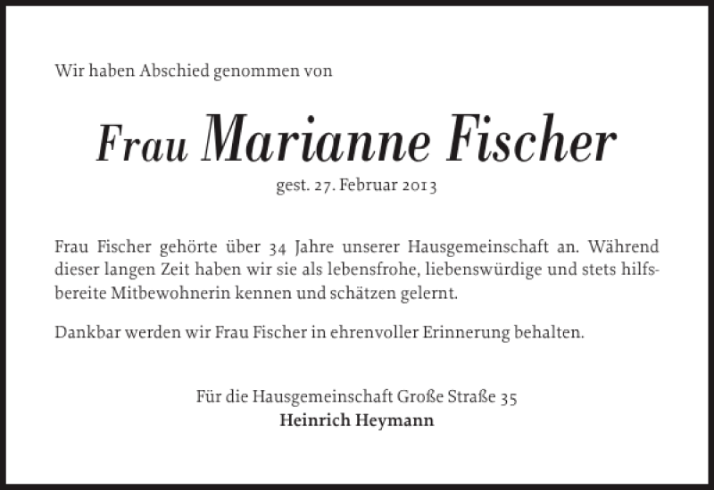 Traueranzeige für Marianne Fischer vom 28.03.2013 aus Der Insel-Bote