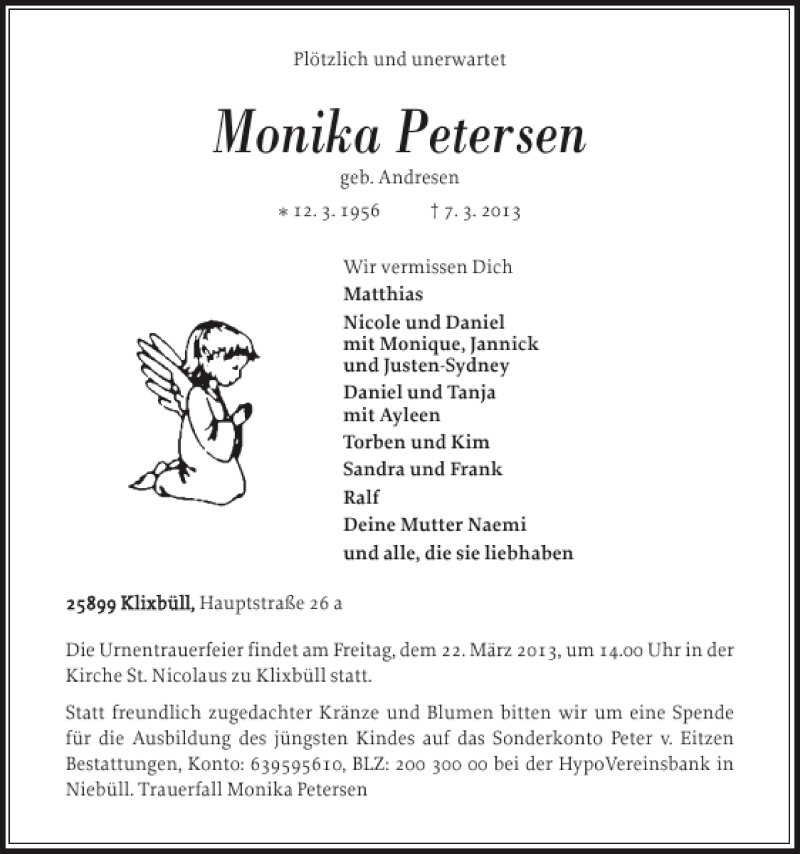  Traueranzeige für Monika Petersen vom 13.03.2013 aus Nordfriesland Tageblatt