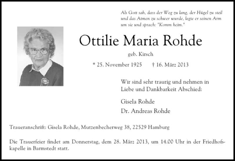  Traueranzeige für Ottilie Maria Rohde vom 23.03.2013 aus Elmshorner Nachrichten