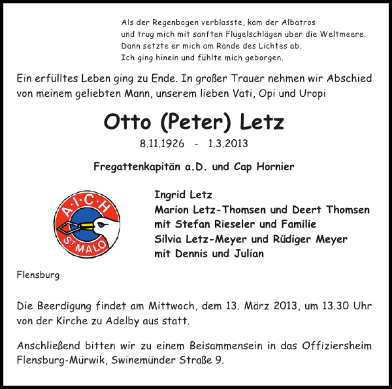  Traueranzeige für Otto Peter Letz vom 09.03.2013 aus Flensburger Tageblatt