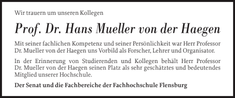  Traueranzeige für Prof. Dr. Hans Mueller von der Haegen  vom 22.03.2013 aus Flensburger Tageblatt