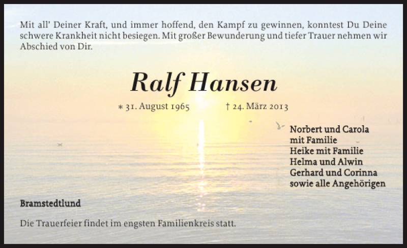  Traueranzeige für Ralf Hansen vom 27.03.2013 aus Flensburger Tageblatt