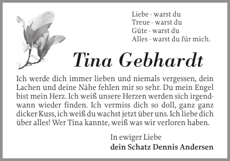  Traueranzeige für Tina Gebhardt vom 30.03.2013 aus Schleswiger Nachrichten