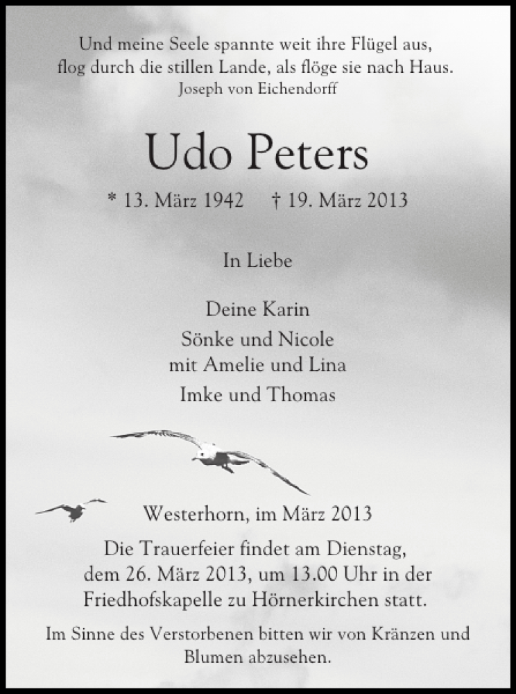  Traueranzeige für Udo Peters vom 23.03.2013 aus Elmshorner Nachrichten