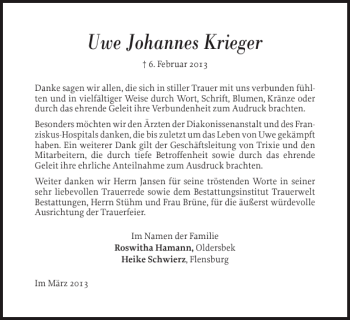 Traueranzeige von Uwe Johannes Krieger von Flensburger Tageblatt