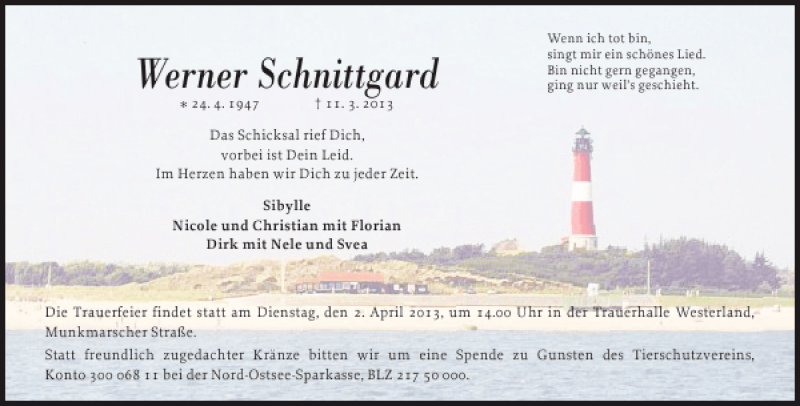  Traueranzeige für Werner Schnittgard vom 18.03.2013 aus Sylter Rundschau