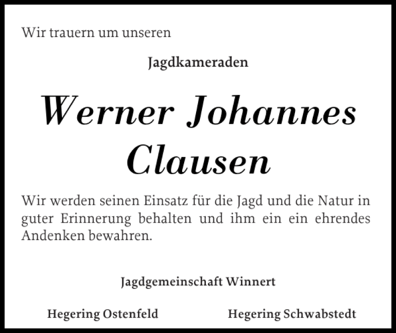  Traueranzeige für Werner Johannes Clausen vom 28.03.2013 aus Husumer Nachrichten