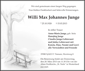 Traueranzeige von Willi Max Johannes Junge von Sylter Rundschau