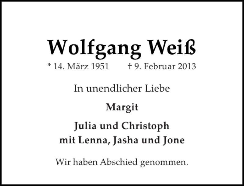 Traueranzeige für Wolfgang Weiß vom 02.03.2013 aus Elmshorner Nachrichten