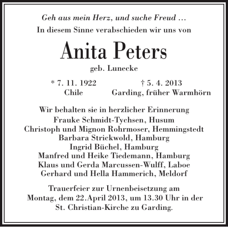  Traueranzeige für Anita Peters vom 13.04.2013 aus Husumer Nachrichten