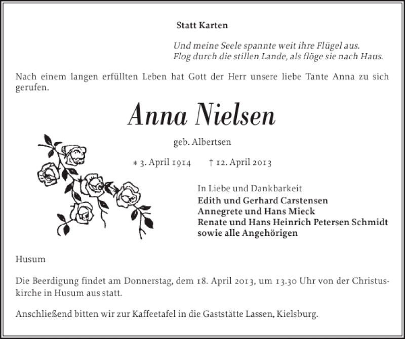  Traueranzeige für Anna Nielsen vom 15.04.2013 aus Husumer Nachrichten
