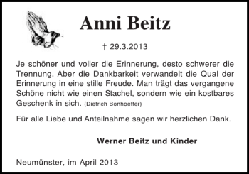 Traueranzeige von Anni Beitz Anni Beitz von Holsteinischer Courier