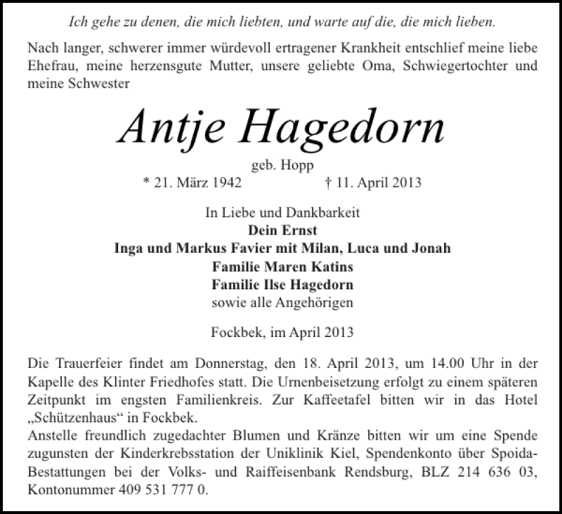  Traueranzeige für Antje Hagedorn vom 16.04.2013 aus Landeszeitung