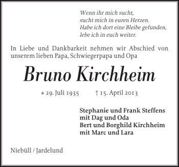 Traueranzeige von Bruno Kirchheim von Flensburger Tageblatt