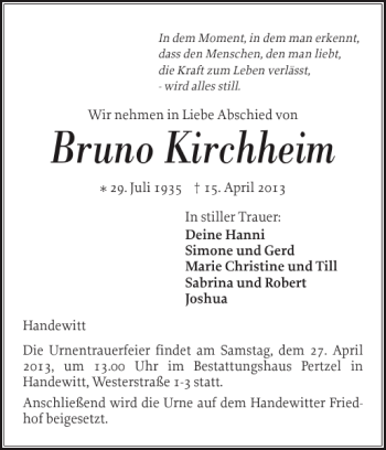 Traueranzeige von Bruno Kirchheim von Flensburger Tageblatt