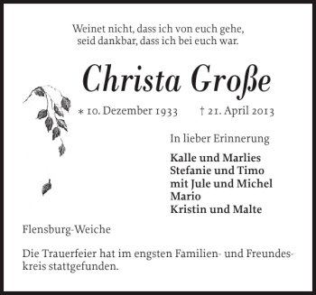 Traueranzeige von Christa Große von Flensburger Tageblatt