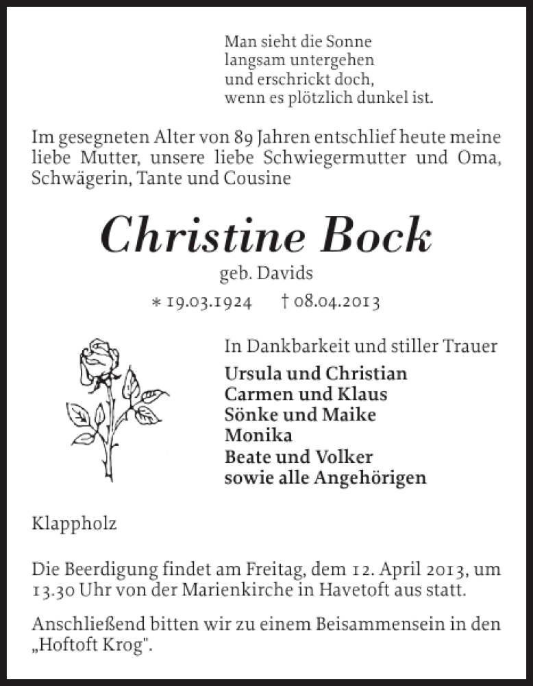  Traueranzeige für Christine Bock vom 10.04.2013 aus Flensburger Tageblatt