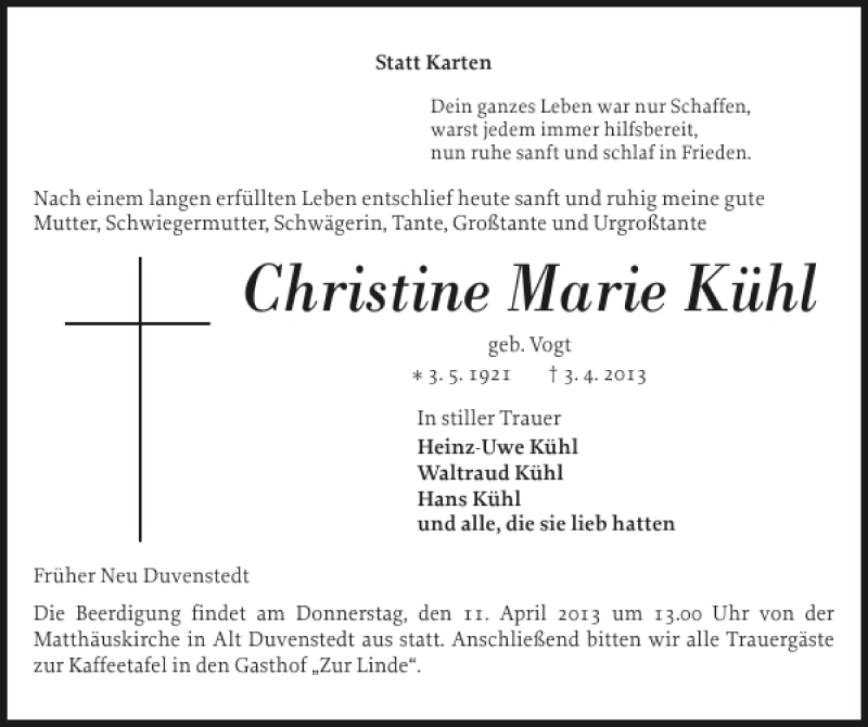  Traueranzeige für Christine Marie Kühl vom 06.04.2013 aus Landeszeitung