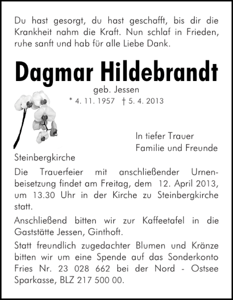  Traueranzeige für Dagmar Hildebrandt vom 08.04.2013 aus Flensburger Tageblatt
