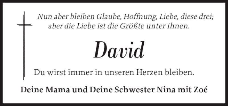  Traueranzeige für David  vom 03.04.2013 aus Flensburger Tageblatt