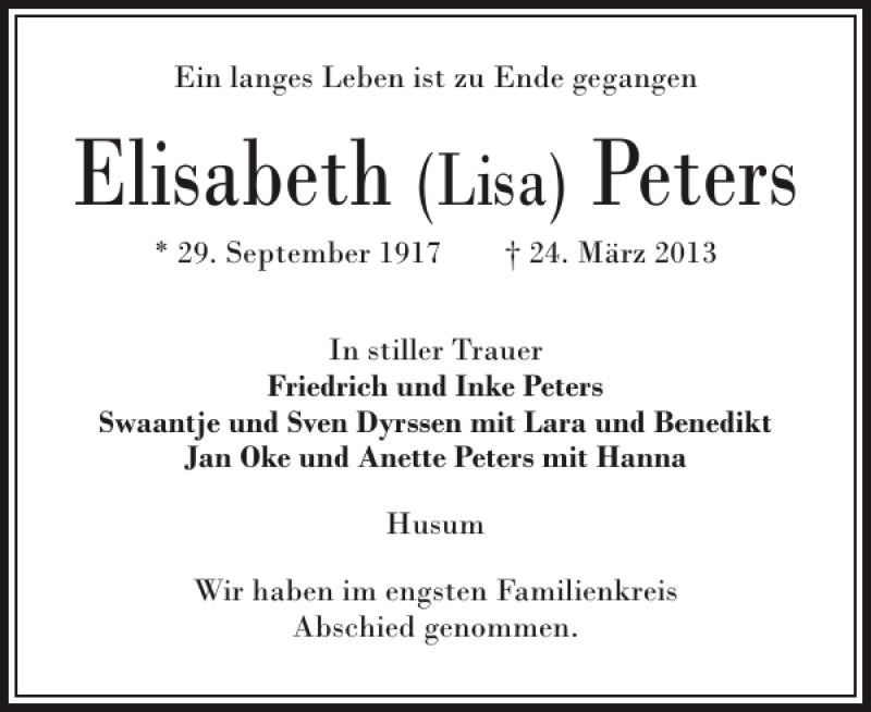  Traueranzeige für Elisabeth Peters vom 13.04.2013 aus Husumer Nachrichten