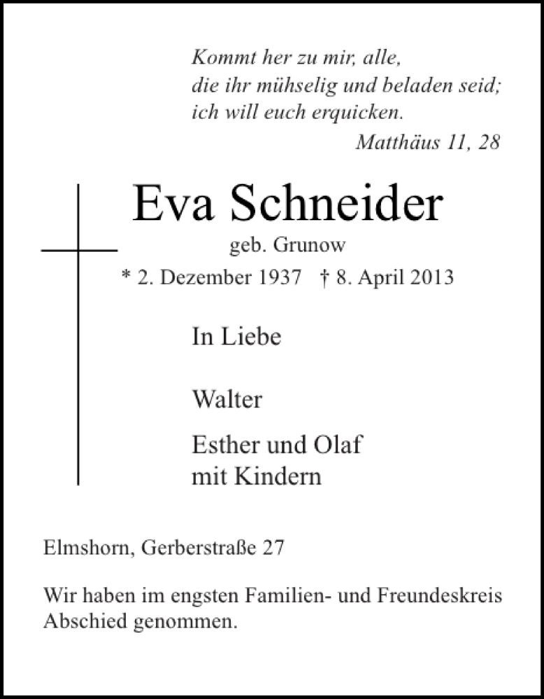  Traueranzeige für Eva Schneider vom 20.04.2013 aus Elmshorner Nachrichten