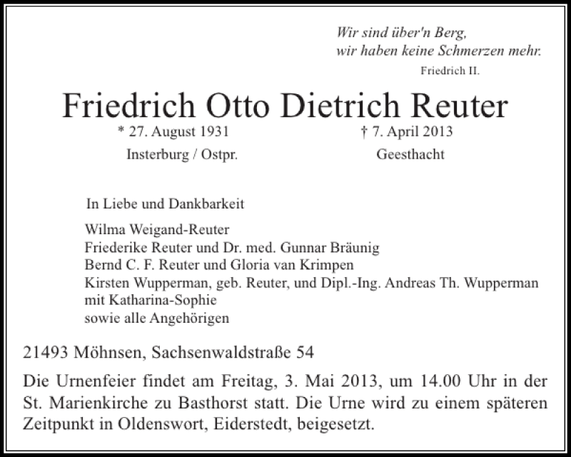  Traueranzeige für Friedrich Otto Dietrich Reuter vom 17.04.2013 aus Husumer Nachrichten