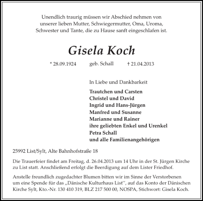  Traueranzeige für Gisela Koch vom 24.04.2013 aus Sylter Rundschau