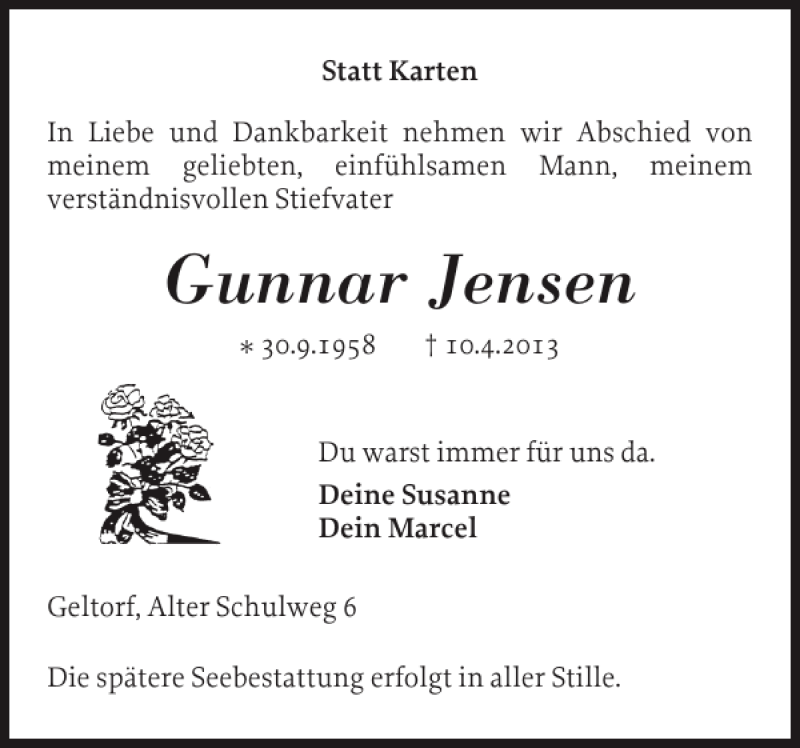  Traueranzeige für Gunnar Jensen vom 13.04.2013 aus Schleswiger Nachrichten
