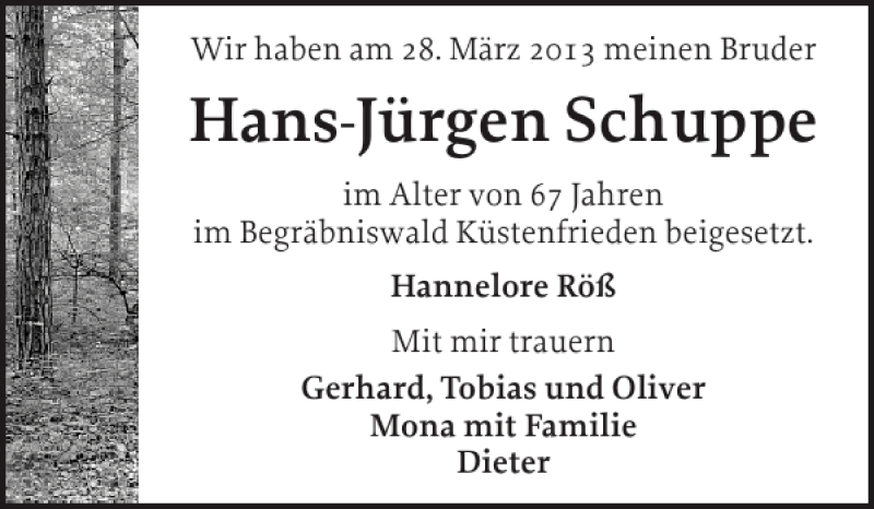  Traueranzeige für Hans-Jürgen Schuppe vom 06.04.2013 aus Eckernförder Zeitung