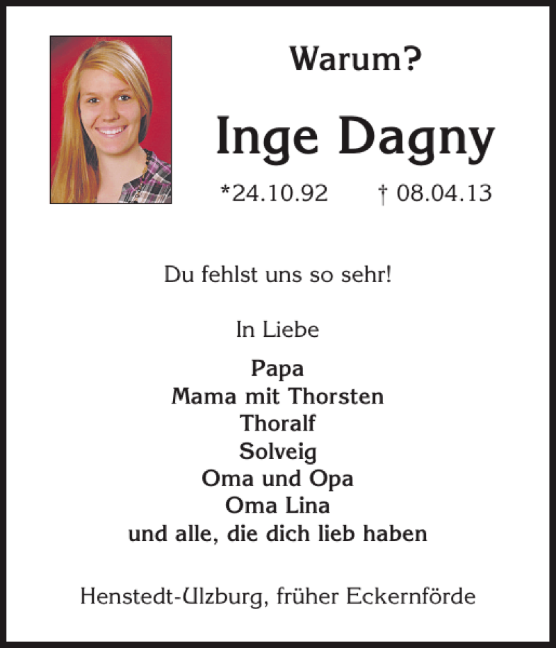  Traueranzeige für Inge Dagny vom 13.04.2013 aus Eckernförder Zeitung