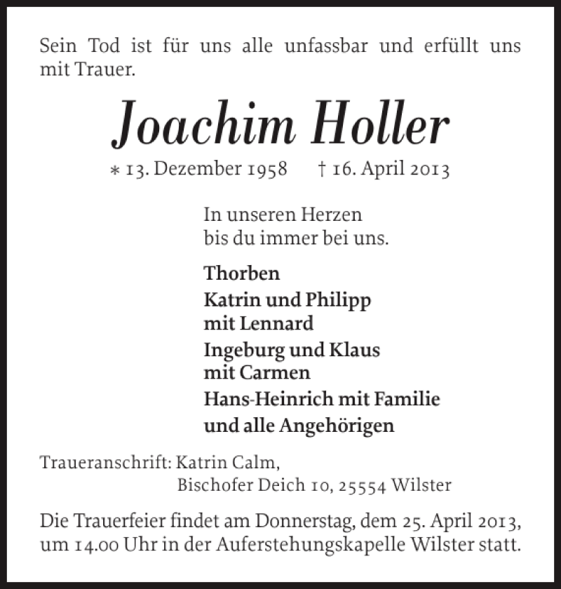  Traueranzeige für Joachim Holler vom 22.04.2013 aus Norddeutsche Rundschau