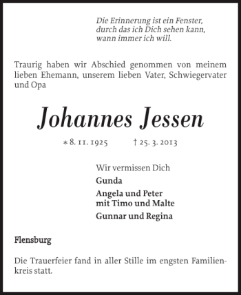 Traueranzeige von Johannes Jessen von Flensburger Tageblatt