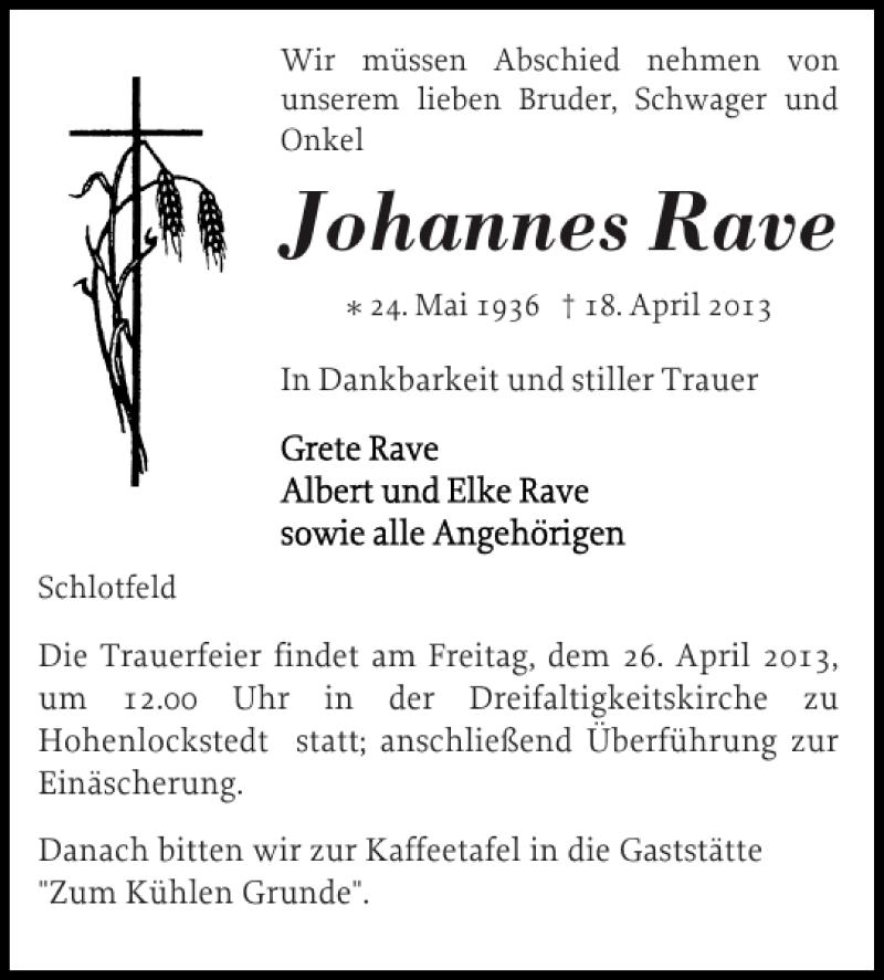  Traueranzeige für Johannes Rave vom 23.04.2013 aus Norddeutsche Rundschau