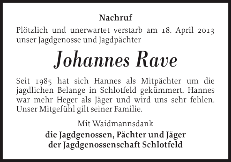 Traueranzeige für Johannes Rave vom 26.04.2013 aus Norddeutsche Rundschau