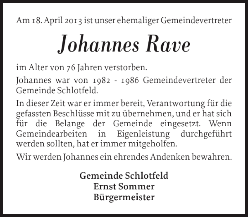  Traueranzeige für Johannes Rave vom 25.04.2013 aus Norddeutsche Rundschau