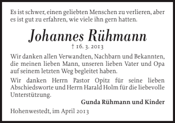 Traueranzeige von Johannes Rühmann von Landeszeitung