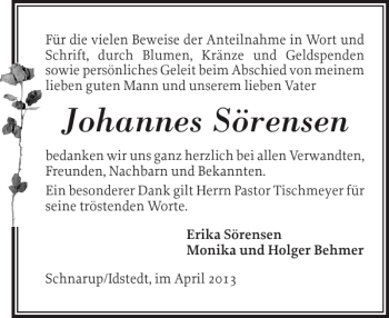Traueranzeige von Johannes Sörensen von Schleswiger Nachrichten