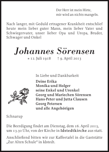 Traueranzeige von Johannes Sörensen von Schleswiger Nachrichten