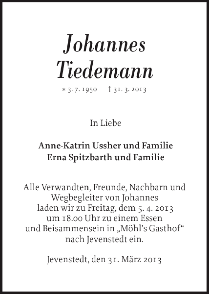  Traueranzeige für Johannes Tiedemann vom 03.04.2013 aus Landeszeitung