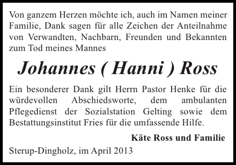  Traueranzeige für Johannes Hanni Ross vom 06.04.2013 aus Flensburger Tageblatt